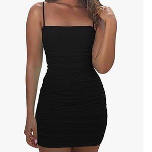 Women's Sexy Sleeveless Ruched Spaghetti Strap Bodycon Mini Party Dress Large